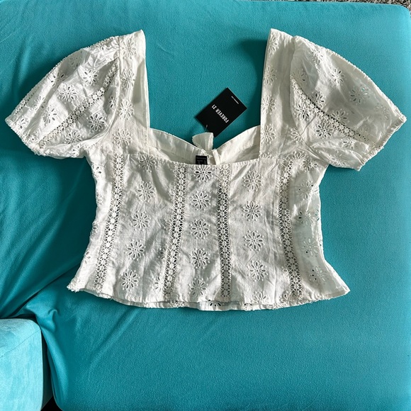 Forever 21 White Eyelet Puff Sleeve Summer Crop Top Feminine Boho Airy Romantic - Picture 2 of 4